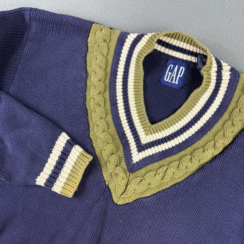 Vintage 90s Gap Tennis Sweater‎ Cable Knit Collar V Neck Preppy Navy Size Medium